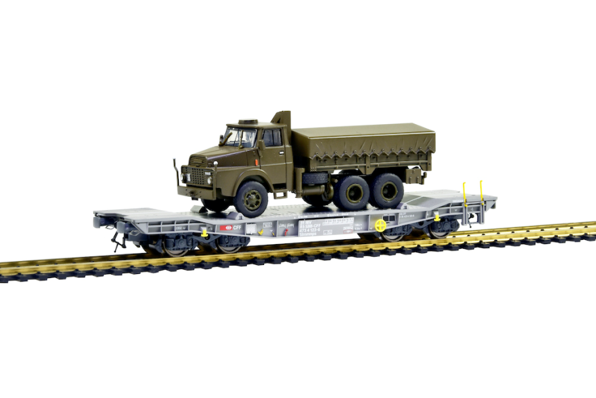 H0 SBB PzTrsp-Wagen mit Henschel LKW HS 3-14 Rotzler